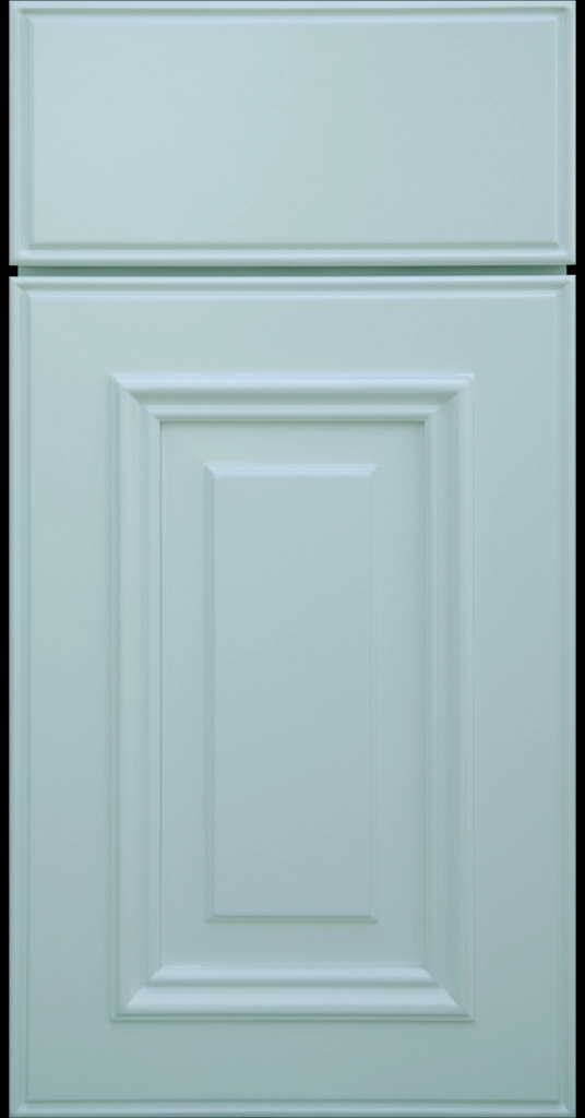 Custom Niebla Azul color  Anderson Raised Panel Kitchen Cabinet Door and matching Slab Drawer Front.